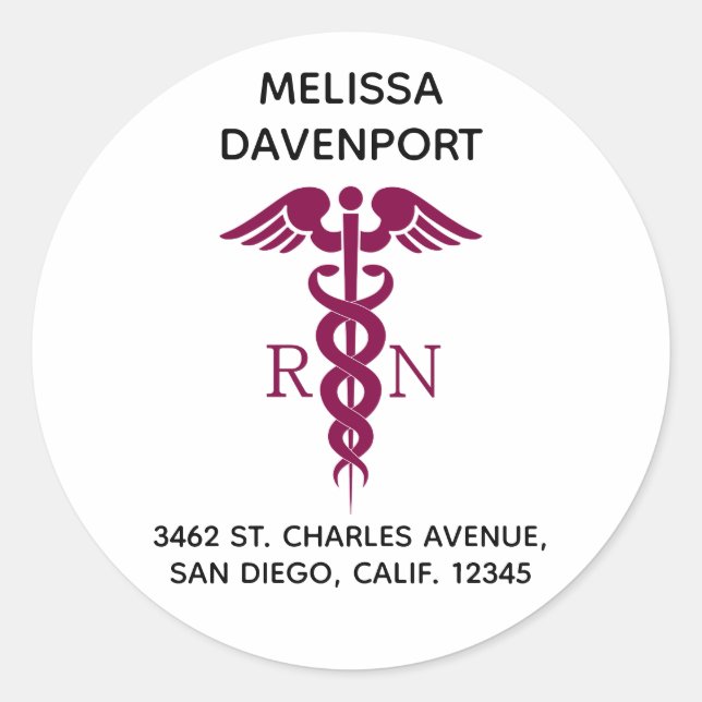 Sticker Rond Simple Red Caduceus Infirmière inscrite Adresse (Devant)