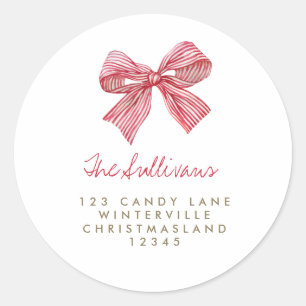 Sticker Rond Simple Red Candy Stripe Bow Holiday Adresse de ret