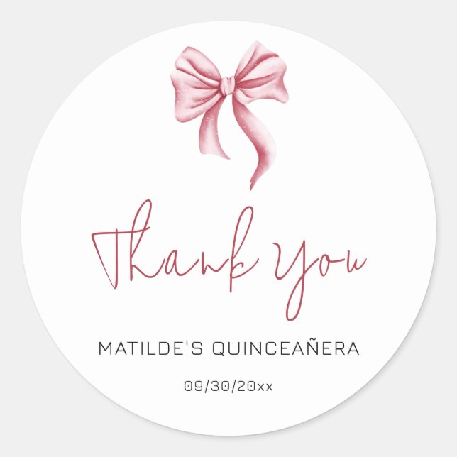 Sticker Rond Simple Ruban Rose Script Quinceanera Merci (Devant)