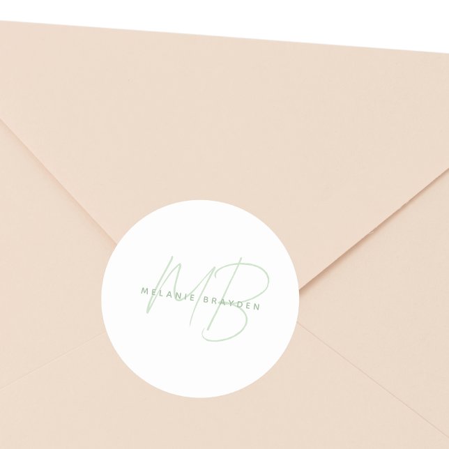 Sticker Rond Simple Sage Vert Minimaliste Deux Monogrammes Nom (Créateur téléchargé)