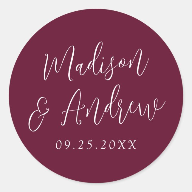 Sticker Rond Simple Script Mariage personnalisé Bordeaux (Devant)