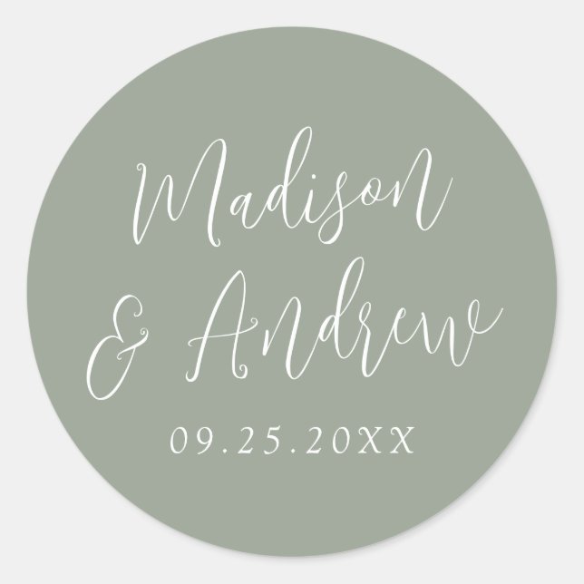 Sticker Rond Simple Script Mariage personnalisé vert sauge (Devant)