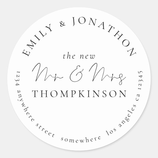 Sticker Rond Simple Script Newlyweds Nom de retour Adresse (Devant)