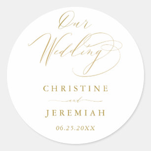 Sticker Rond Simple White Gold Modern Script Mariage