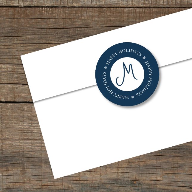 Sticker Rond Simplistic Snowflakes Happy Holidays Blue (Créateur téléchargé)