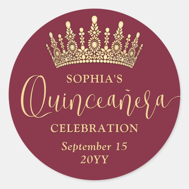 Sticker Rond Simply Elegant Quinceañera Crown Burgundy and Gold (Devant)