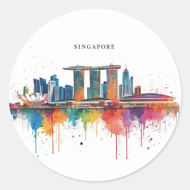 Sticker Rond Singapore city retro watercolor Skyline (Devant)