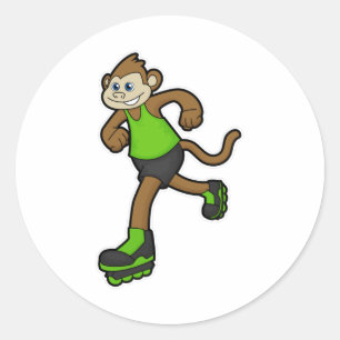 Sticker Rond Singe comme patineur avec patins en ligne