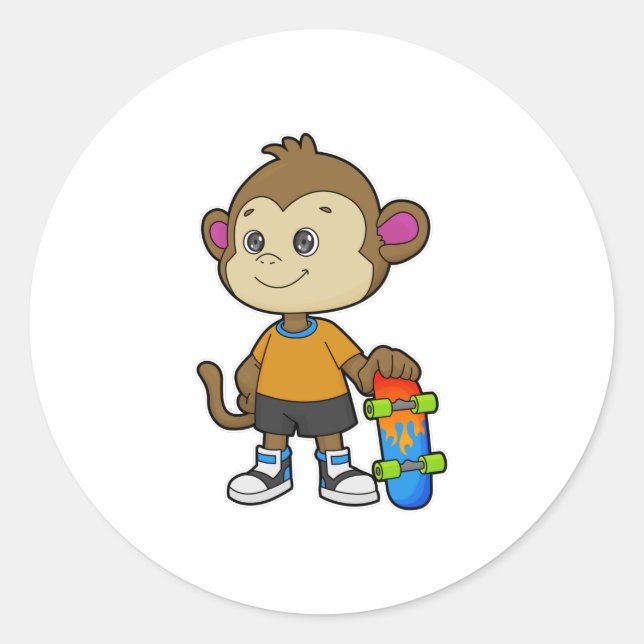 Sticker Rond Singe comme patineur avec skateboard (Devant)