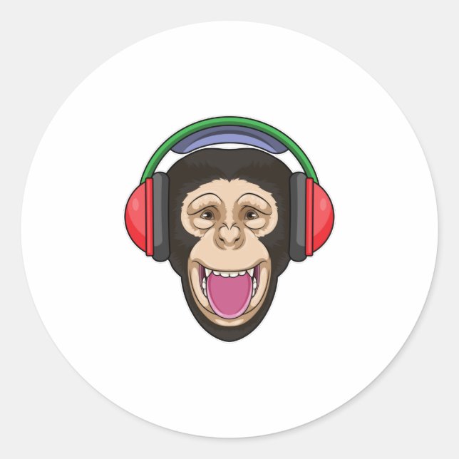 Sticker Rond Singe dans la musique avec casque (Devant)