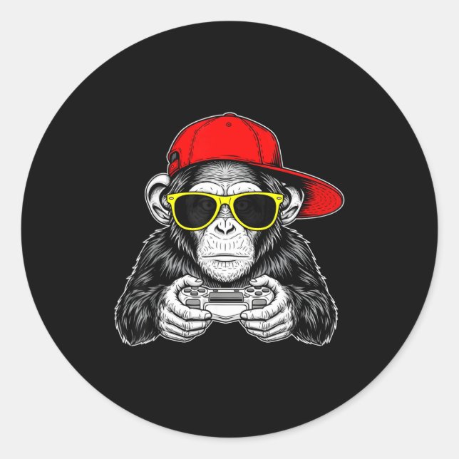 Sticker Rond Singe de gamer cool avec manette vidéo de jeu drôl (Devant)
