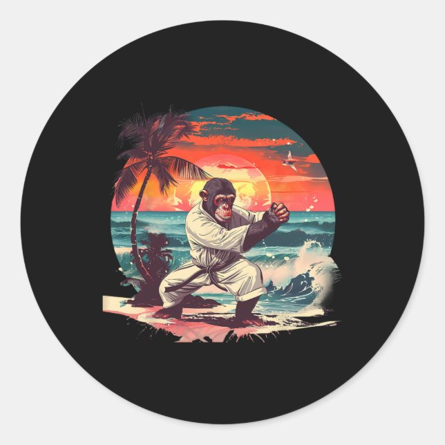 Sticker Rond Singe de kickboxing Coucher de soleil tropical Sin (Devant)