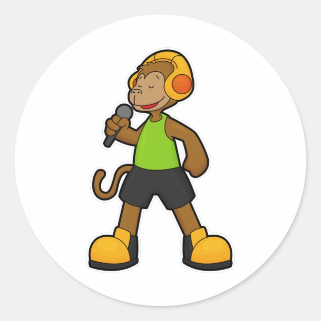 Sticker Rond Singe en chanteur avec microphone et casque (Devant)