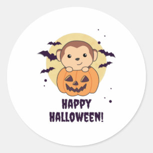 Sticker Rond Singe En Citrouille Mignons Singes Joyeux Hallowee