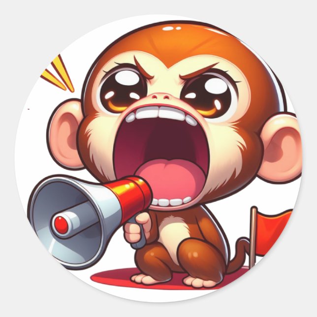 Sticker Rond Singe mignon Avec MegaPhone (Devant)