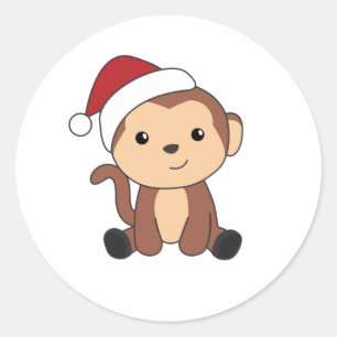 Sticker Rond Singe Noël Neige Hiver Animaux Singes