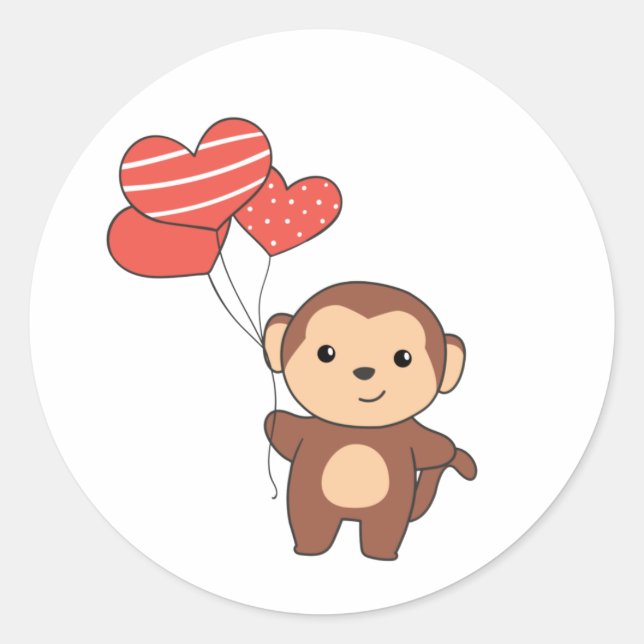 Sticker Rond Singes Mets Animaux Avec Balloons Coeurs Valentine (Devant)