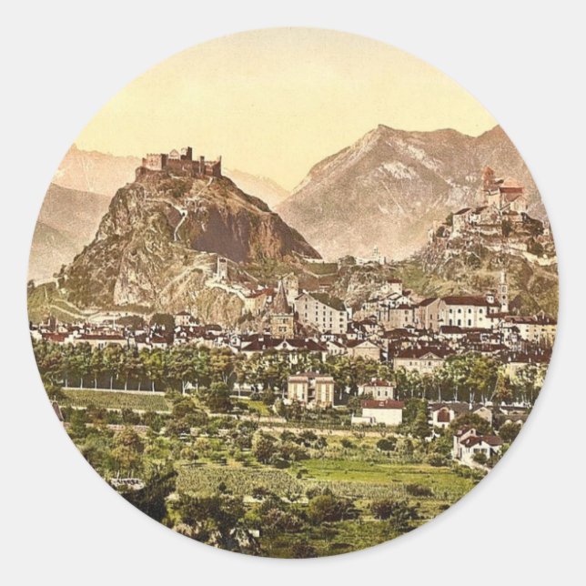 Sticker Rond Sion, vue générale, Valais, Suisse classique Ph (Devant)