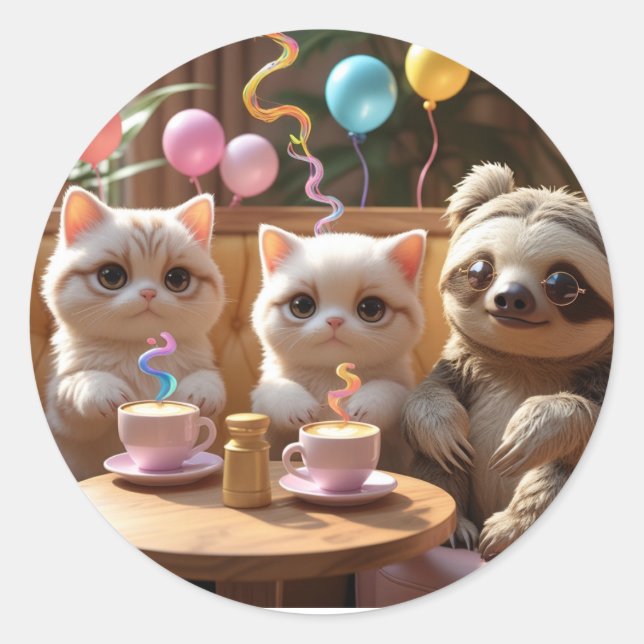 Sticker Rond Sippin’ Cuteness: Cat Café Vibes with a Cool Sloth (Devant)