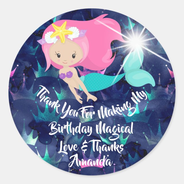 Sticker Rond Sirène Anniversaire Favoriser Fille Étincelle Tres (Devant)