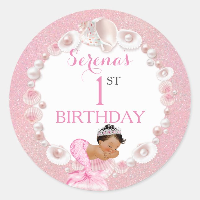 Sticker Rond Sirène Bébé Fille Ethnique Rose Coquillage Perles (Devant)