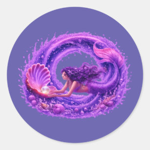 Sticker Rond Sirène Chercheuse de Perle Violette Art Fantastiqu