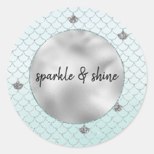Sticker Rond Sirène de Parties scintillant en argent Mint Blue