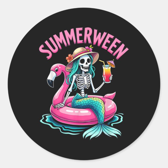 Sticker Rond Sirène de Summerween squelette de plage flamant ro (Devant)