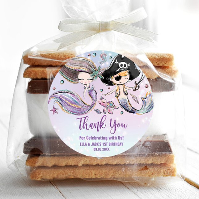 Sticker Rond Sirène et pirate sous la mer Anniversaire Faveur (Créateur téléchargé)