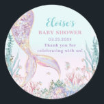 Sticker Rond Sirène éthérée sous le Baby shower marin<br><div class="desc">Ajoutez une touche de finition magique à vos faveurs de la fête avec ces stickers éthérés de sirène de queue ronde! Conçu dans des tons pastel oniriques de turquoise, rose et violet, chaque autocollant présente une queue de sirène chatoyante entourée de coraux délicats, d'hippocampes, de poissons tropicaux et d'accents de...</div>