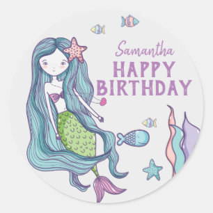 Sticker Rond Sirène Joyeux Anniversaire Personnalisé