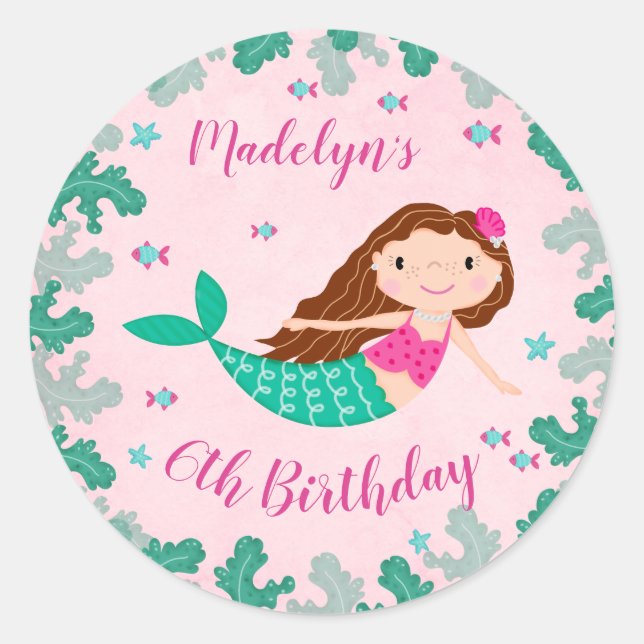 Sticker Rond Sirène rose Sous La Mer Anniversaire (Devant)