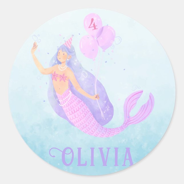 Sticker Rond Sirène sous la mer Anniversaire Fille Age Blue Par (Devant)
