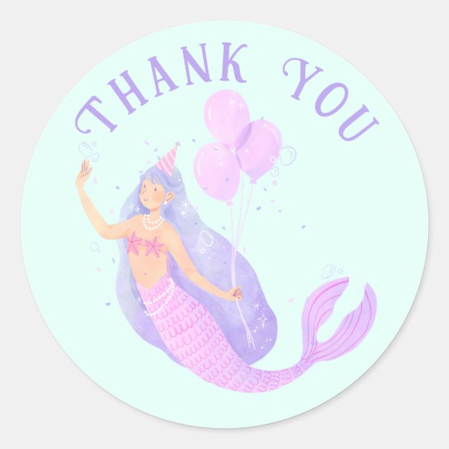 Sticker Rond Sirène sous la mer Anniversaire fille Merci bleu (Devant)