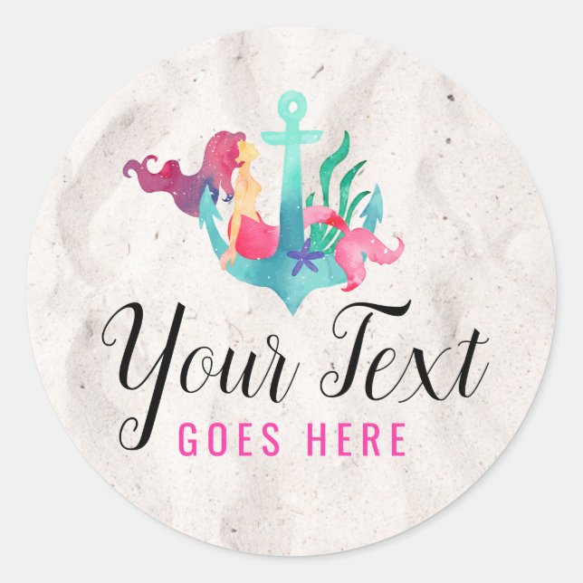 Sticker Rond Sirène sur Ancre Nautique Aquarelle Sable de plage (Devant)