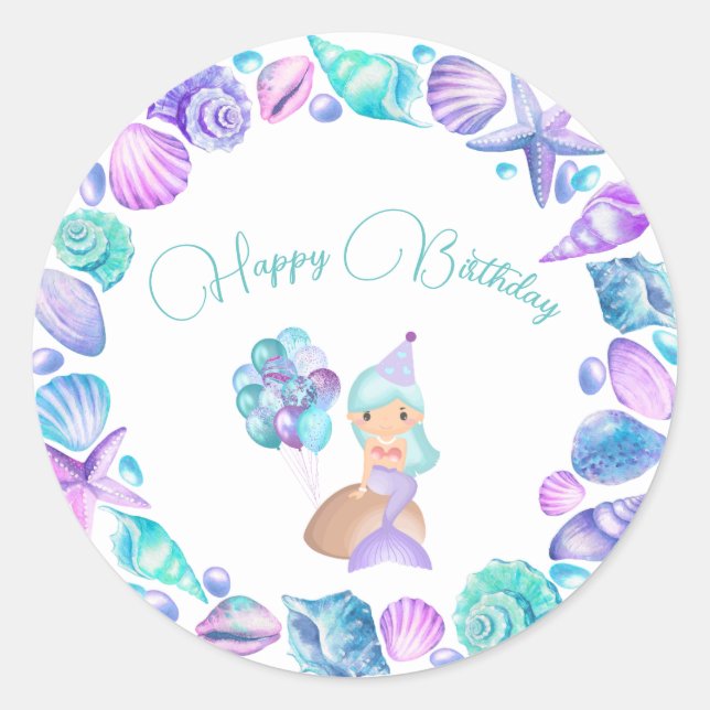 Sticker Rond Sirène Turquoise sous la mer Joyeux anniversaire (Devant)