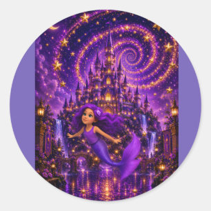 Sticker Rond Sirène Violette Étoile Spirale Château Fantastique
