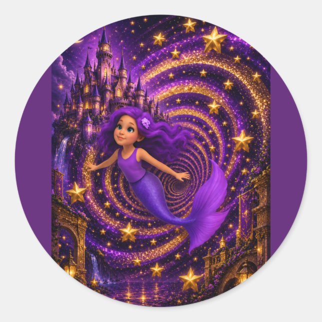 Sticker Rond Sirène Violette Étoile Spirale Château Fantastique (Devant)