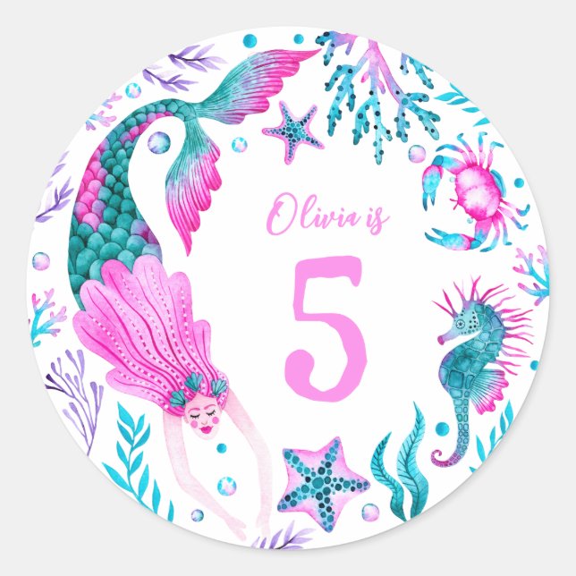 Sticker Rond Sirènes d'aquarelle, Coques de mer + Créatures océ (Devant)