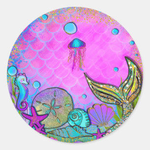 Sticker Rond Sirènes et Coquillages Fête Rose Étincelante