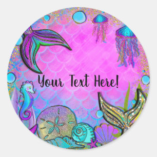 Sticker Rond Sirènes et Coquillages Fête Rose Étincelante