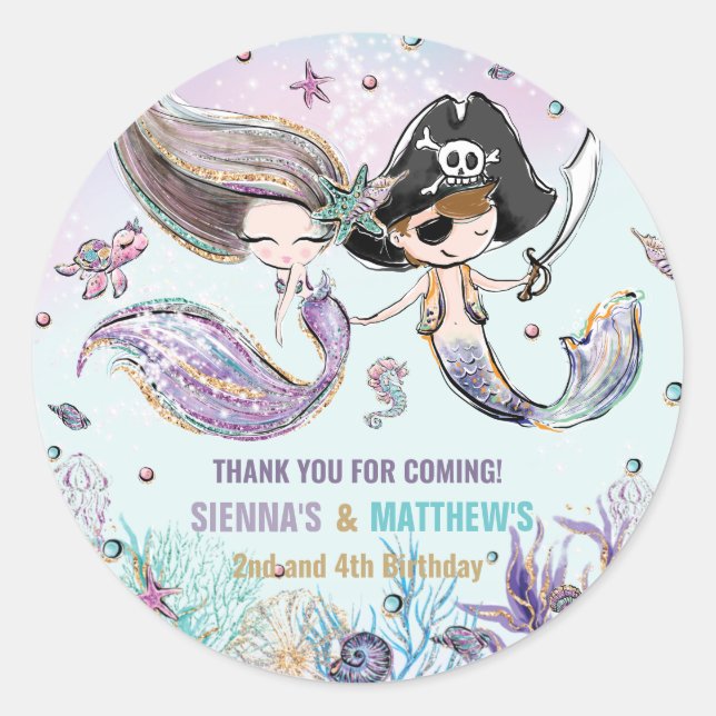 Sticker Rond Sirènes et pirates sous la mer Anniversaire conjoi (Devant)