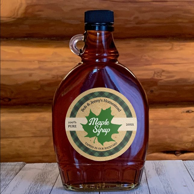 Sticker Rond Sirop d'érable Feuille verte Plaid de buffle Kraft (Créateur téléchargé)