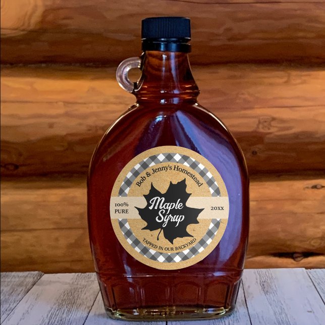 Sticker Rond Sirop d'érable Plaid Buffalo Feuille Noir Kraft (Créateur téléchargé)