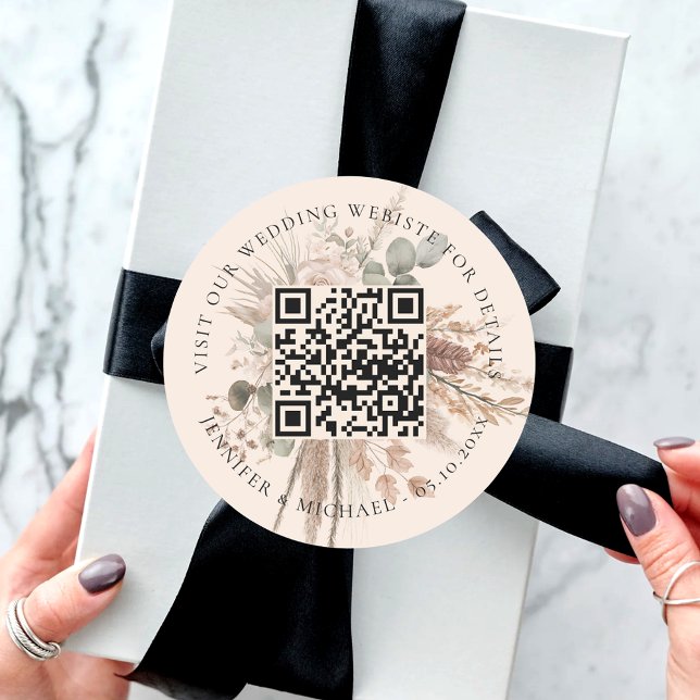 Sticker Rond Site mariage QR code détails rsvp pampas beige (Créateur téléchargé)