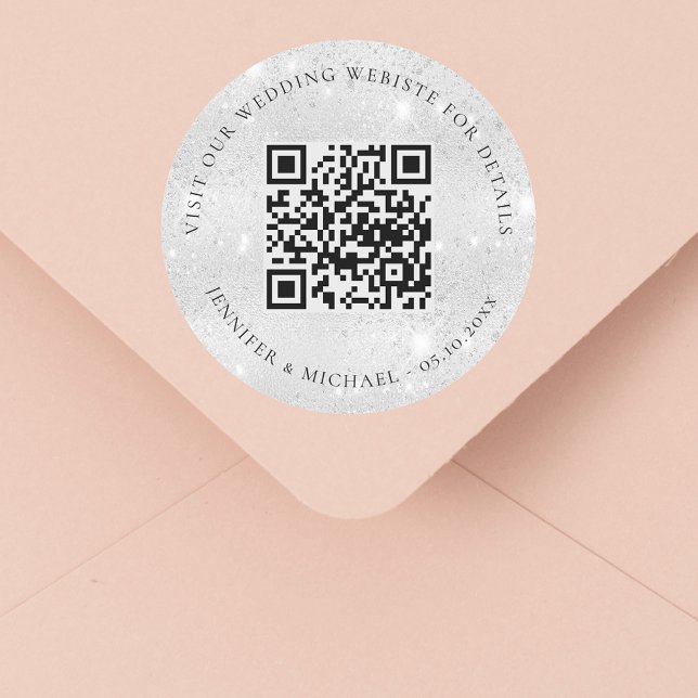 Sticker Rond Site mariage QR détails informations rsvp argent (Créateur téléchargé)