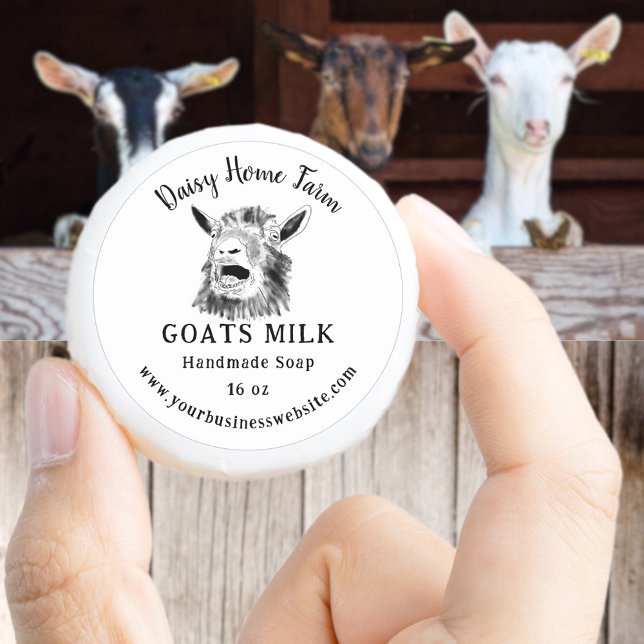Sticker Rond Site Web d'Entreprise de Savon au Lait de Chèvre  (Goats milk soap black and white small business label with name website and screaming goat drawing)