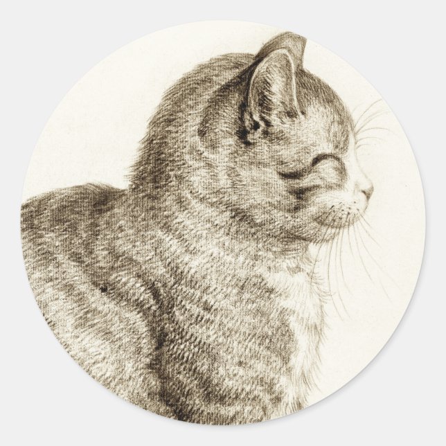 Sticker Rond Sitting cat vintage sepia pencil drawing (Devant)