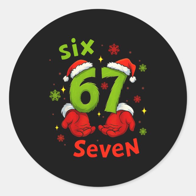 Sticker Rond Six 6 7 Seven Christmas Humor Green Hand Festive G (Devant)