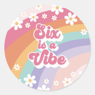 Sticker Rond Six est Vibe Retro Rainbow 6e anniversaire